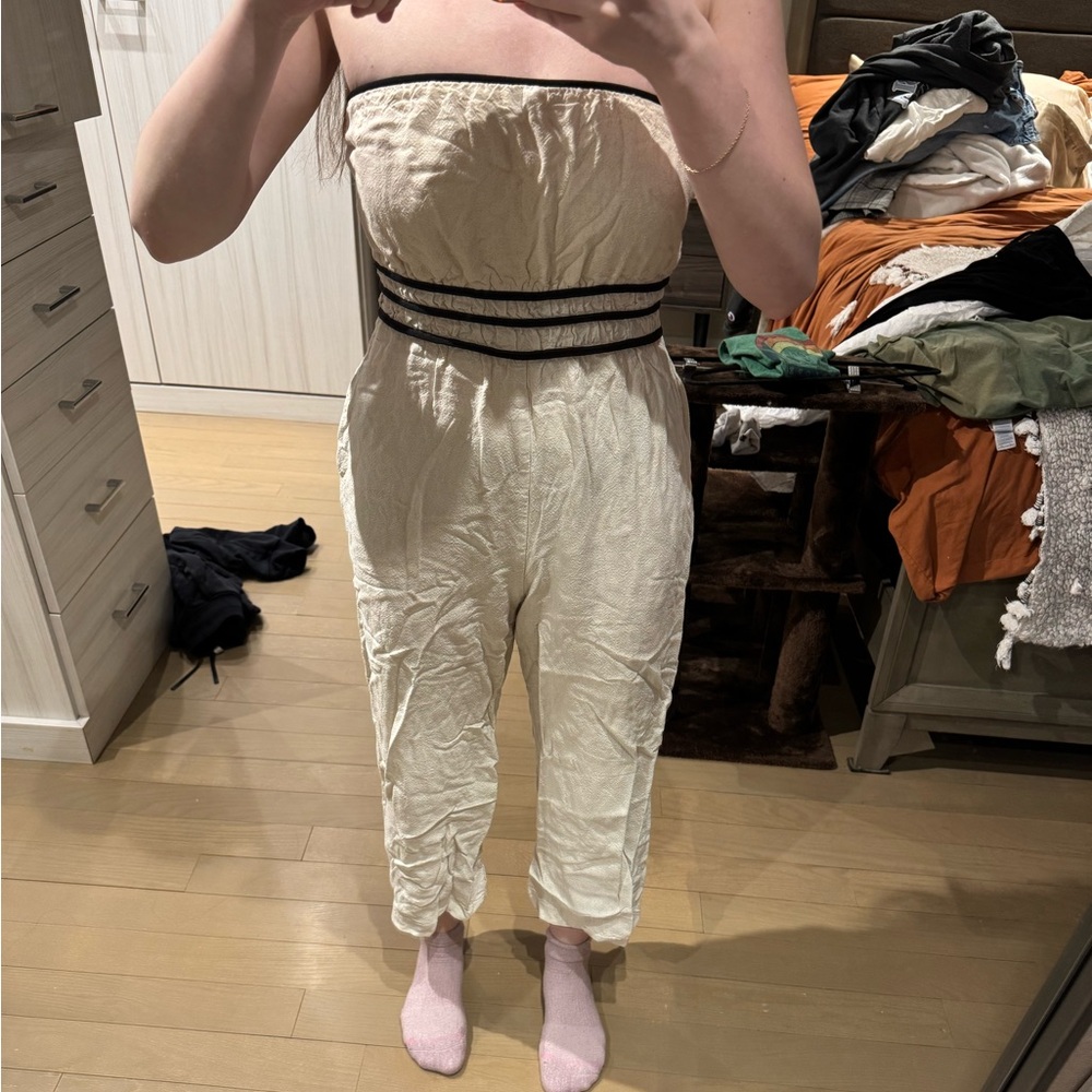 Monteau Cream Strapless Jumpsuit with Black Accents